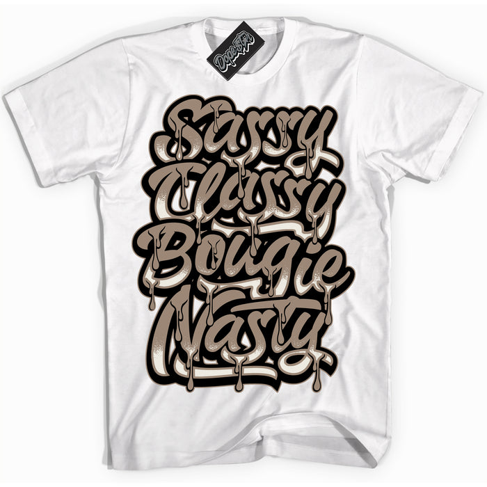 Cool White Shirt with “ Sassy Classy ” design that perfectly matches Latte 1s Sneakers.