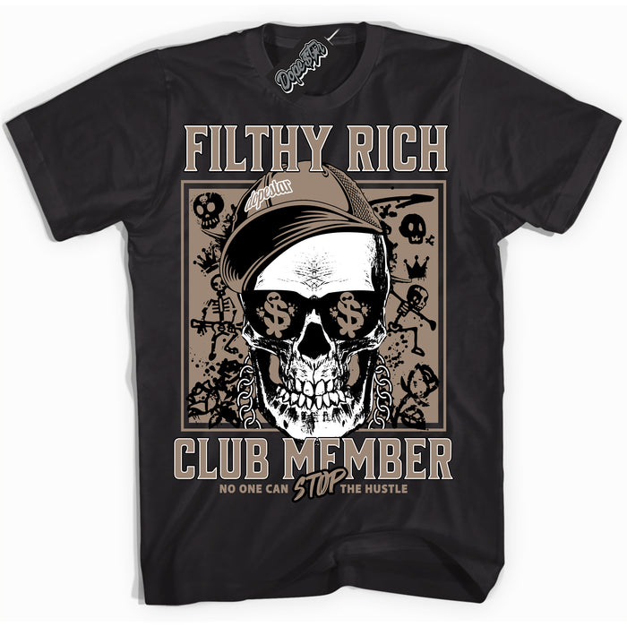 Cool Black Shirt with “ Filthy Rich” design that perfectly matches Latte 1s Sneakers.