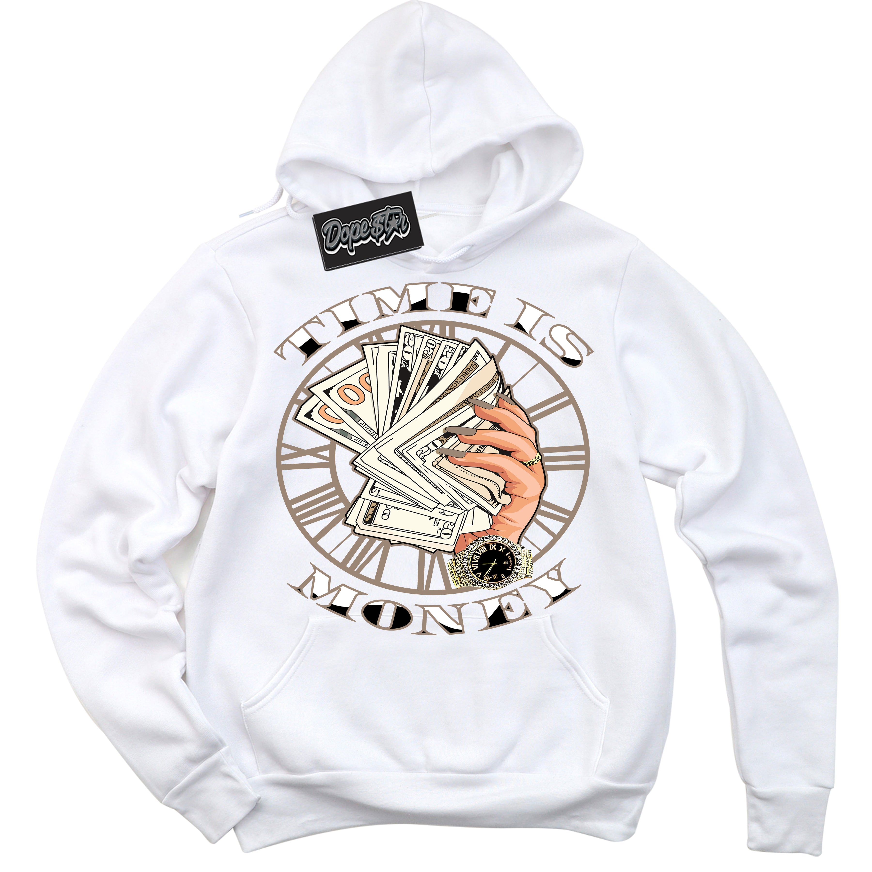 Cool White Hoodie with “ Time Is Money ”  design that Perfectly Matches  Latte 1s Sneakers.