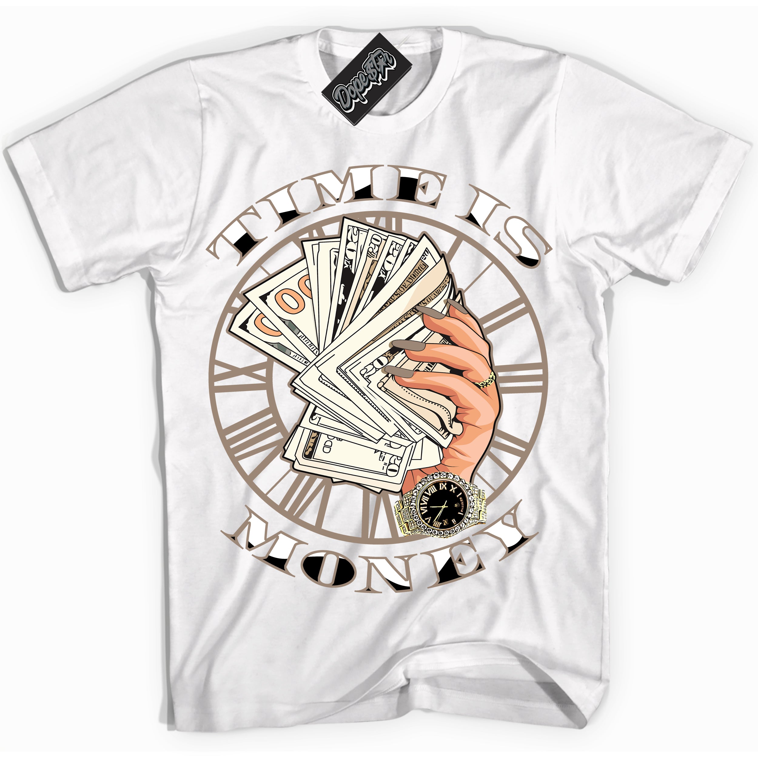 Cool White Shirt with “ Time Is Money ” design that perfectly matches Latte 1s Sneakers.
