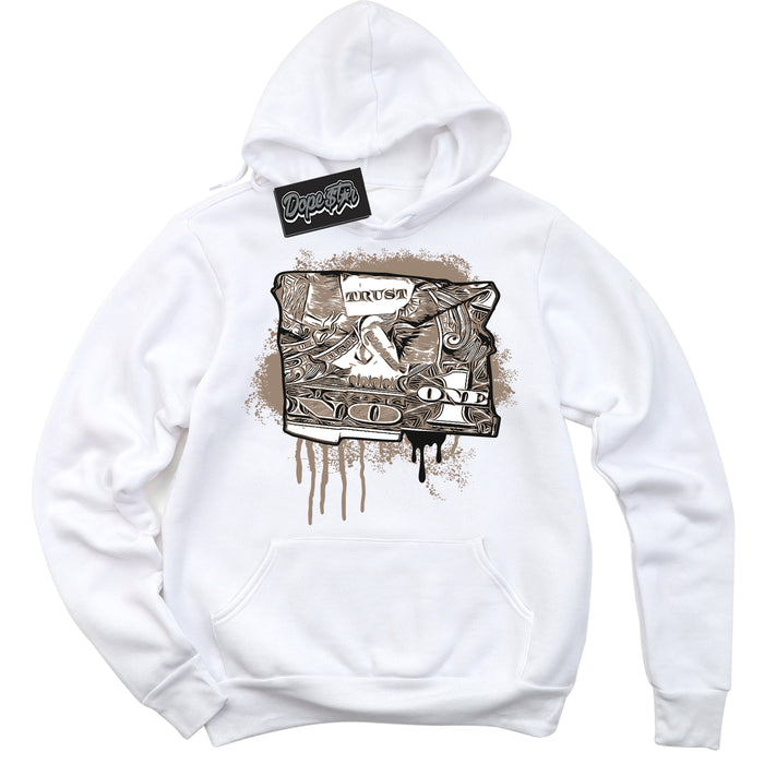 Cool White Hoodie with “ Trust No One Dollar ”  design that Perfectly Matches  Latte 1s Sneakers.