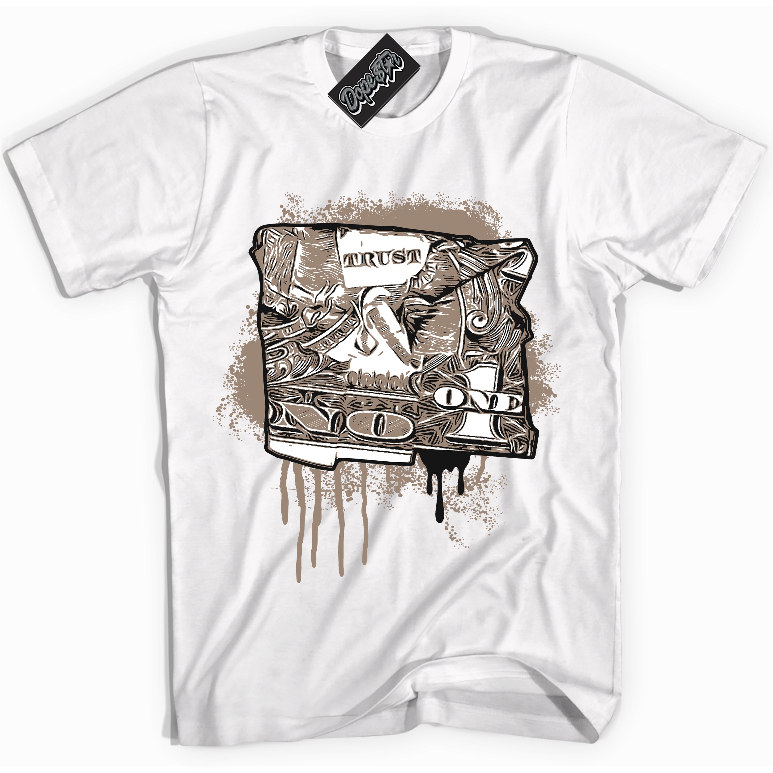 Cool White Shirt with “ Trust No One Dollar ” design that perfectly matches Latte 1s Sneakers.