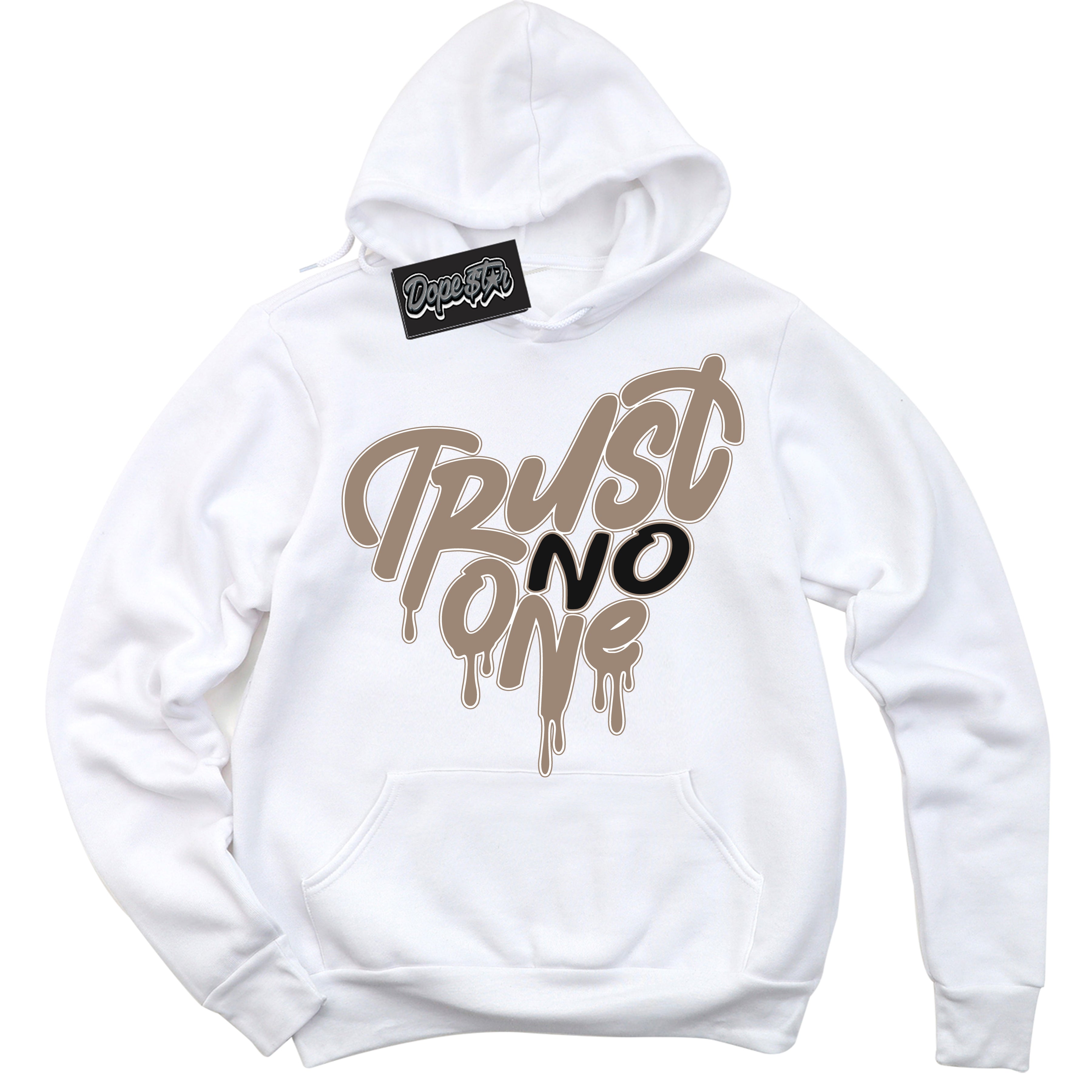 Cool White Hoodie with “ Trust No One Heart  ”  design that Perfectly Matches  Latte 1s Sneakers.