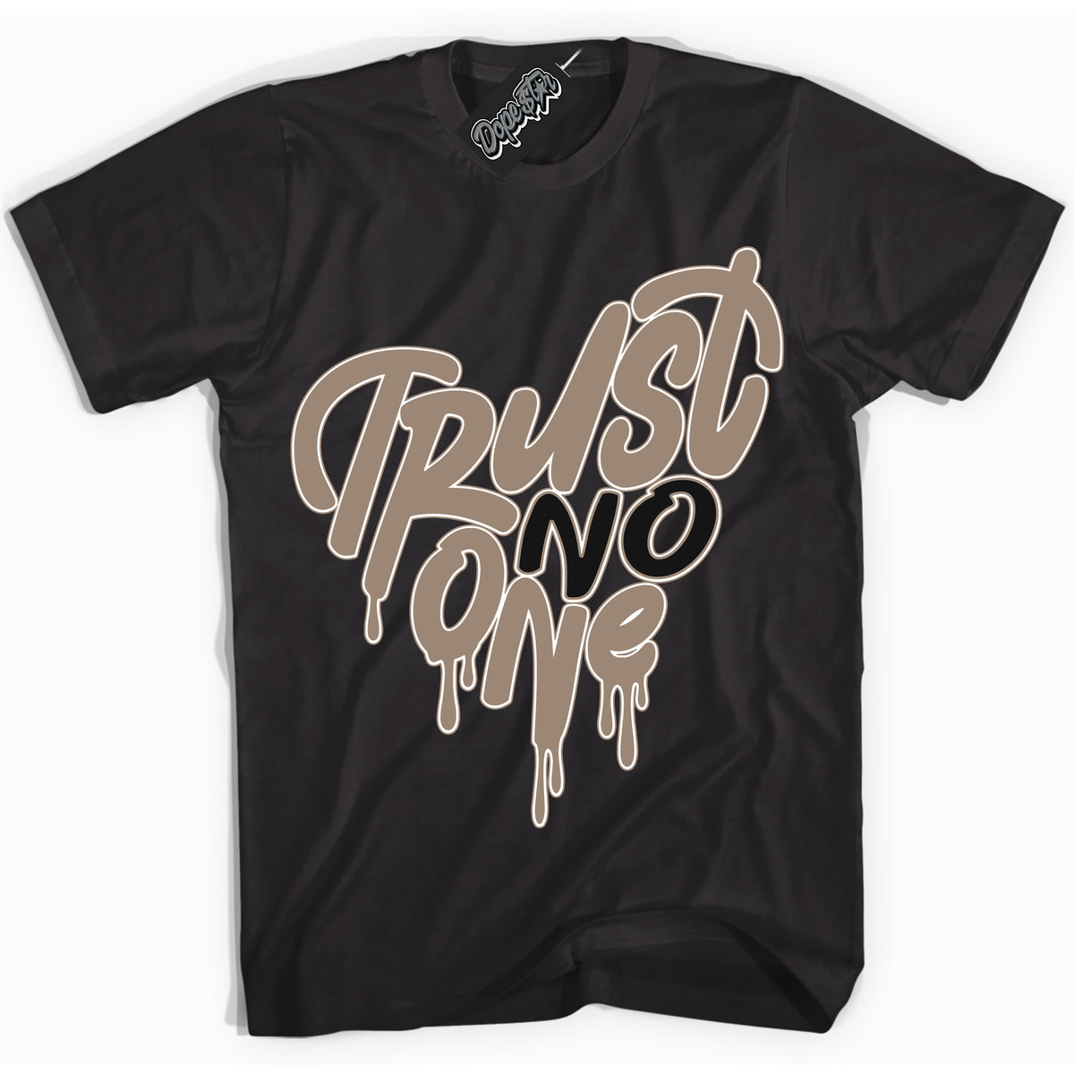 Cool Black Shirt with “ Trust No One Heart  ” design that perfectly matches Latte 1s Sneakers.