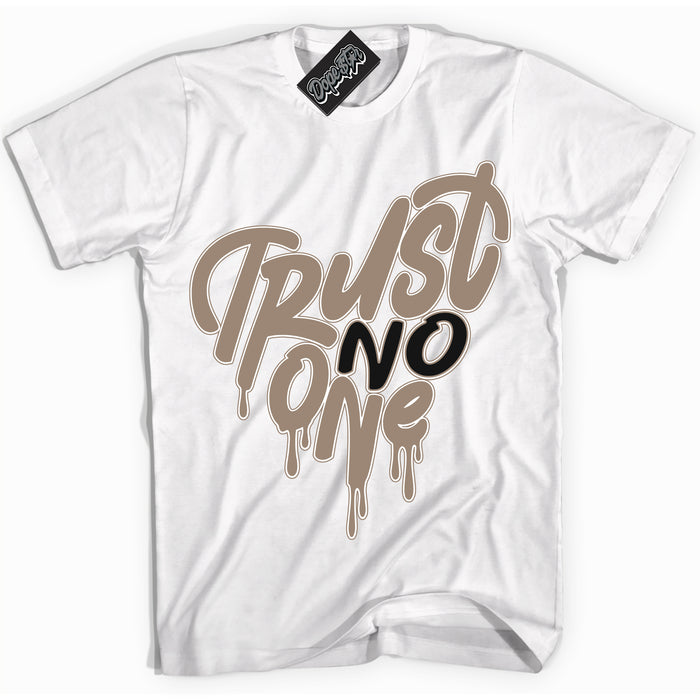 Cool White Shirt with “ Trust No One Heart  ” design that perfectly matches Latte 1s Sneakers.