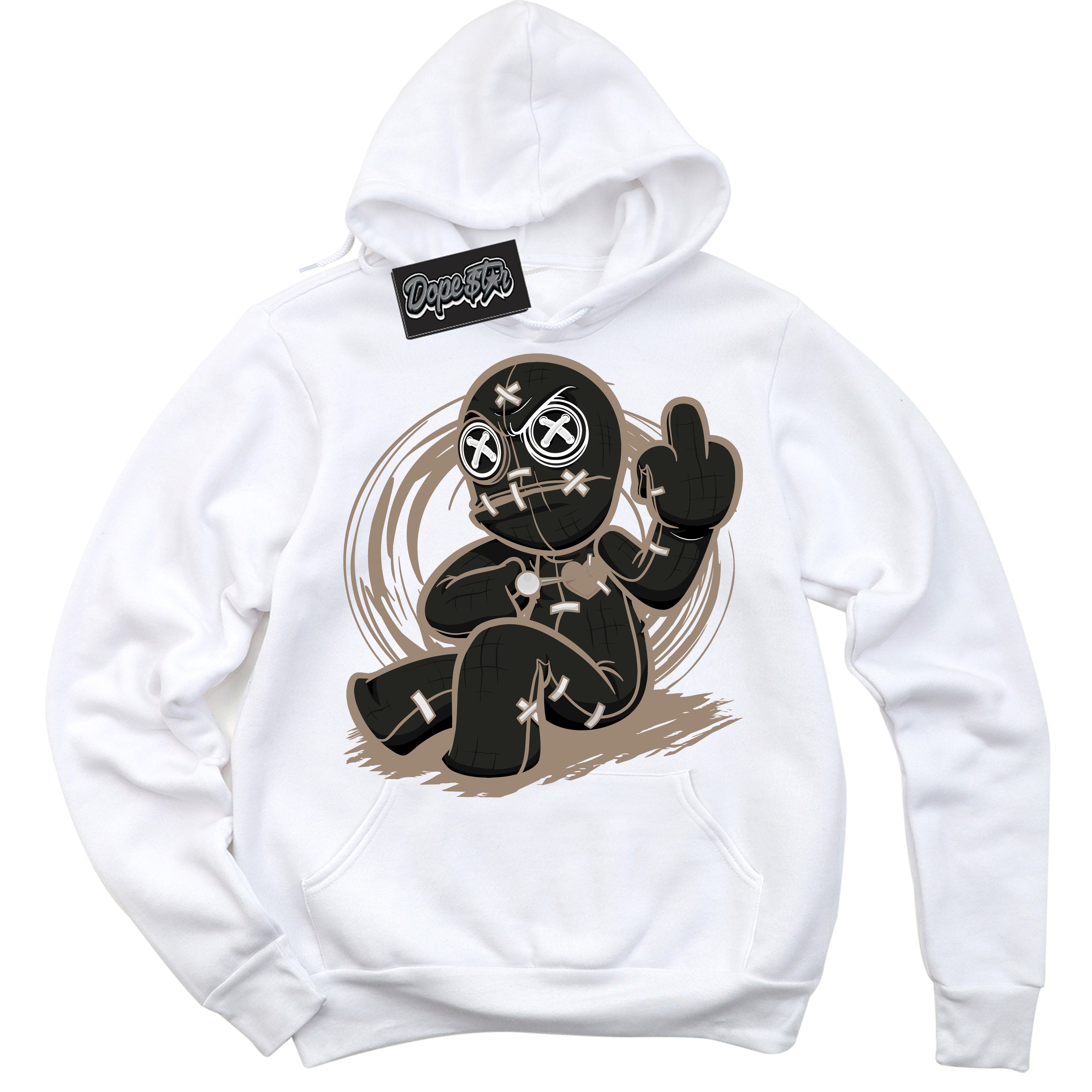 Cool White Hoodie with “ VooDoo Doll ”  design that Perfectly Matches  Latte 1s Sneakers.