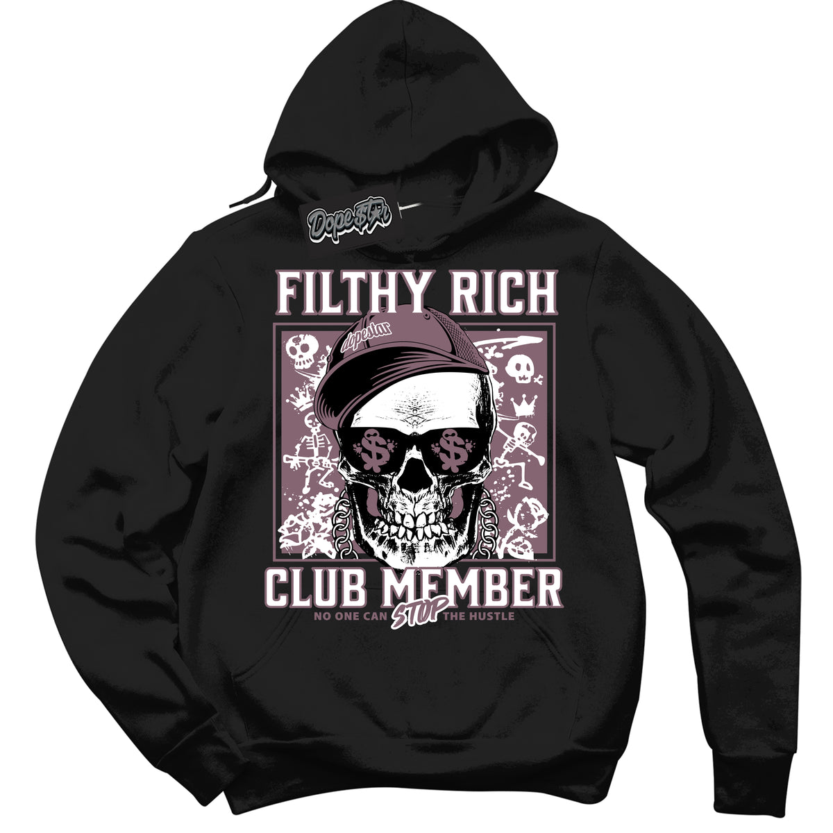 Cool Black Hoodie with “ Filthy Rich ”  design that Perfectly Matches Mauve 1s Sneakers.