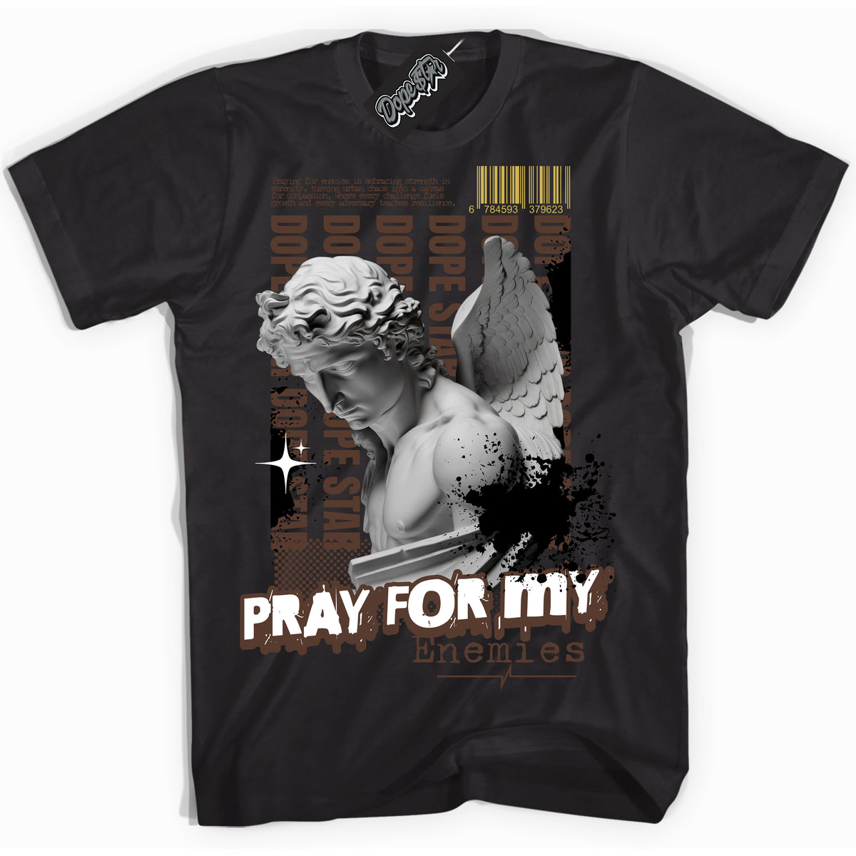 Cool Black Shirt with “ Pray Enemies” design that perfectly matches Palomino 1s Sneakers.