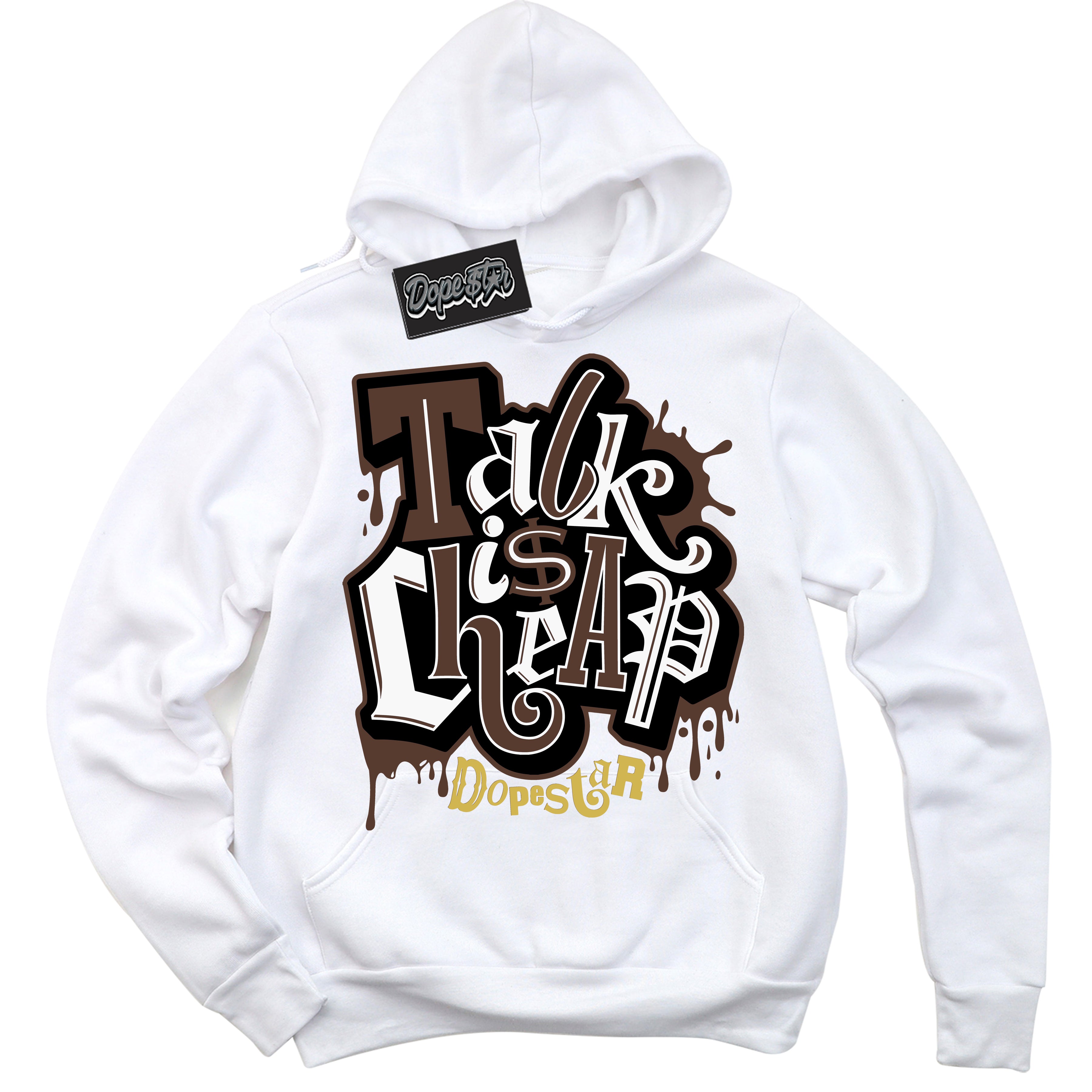 Cool White Hoodie with “ Talk Is Cheap ”  design that Perfectly Matches Palomino 1s Sneakers.