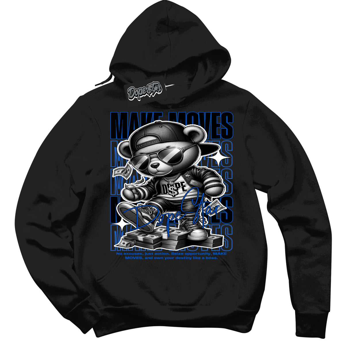 Cool Black Hoodie with “ Makin Moves ”  design that Perfectly Matches Royal Reimagined 1s Sneakers.