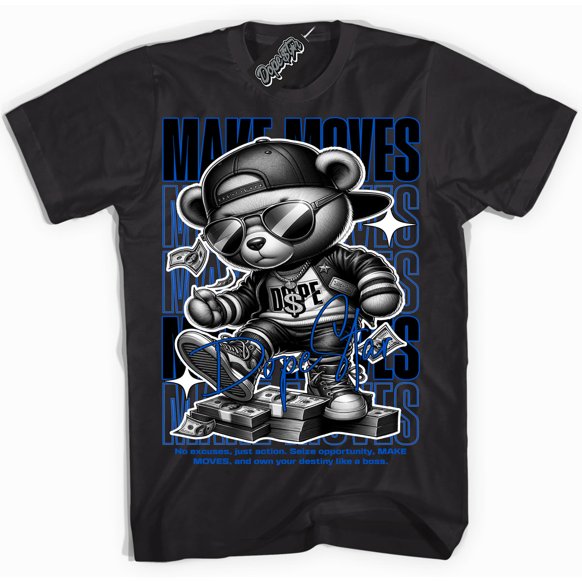 Cool Black Shirt with “ Makin Moves” design that perfectly matches Royal Reimagined 1s Sneakers.