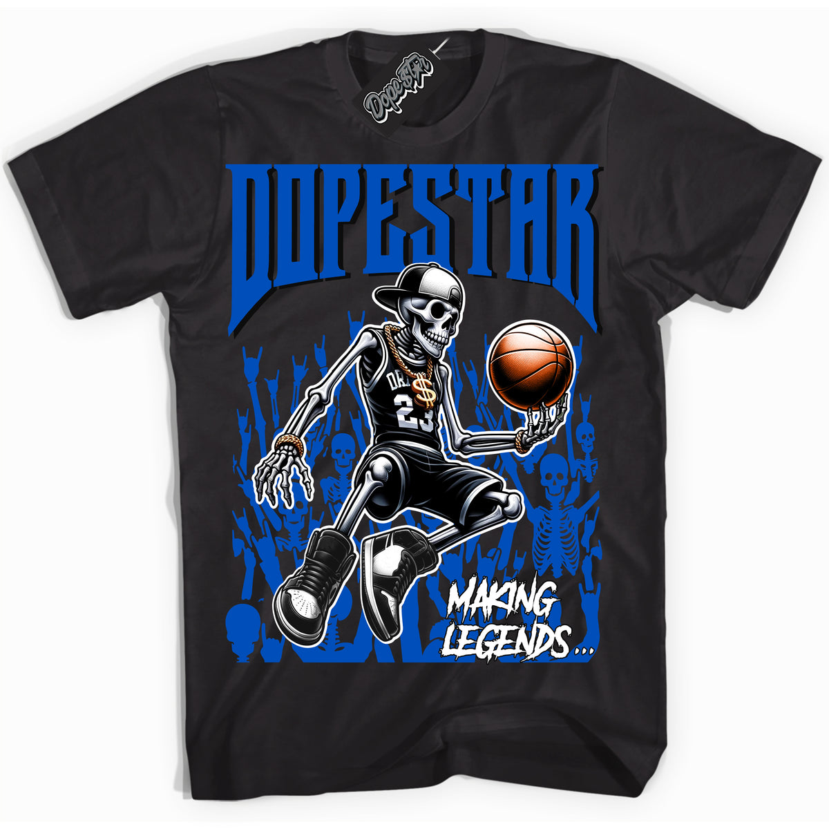 Cool Black Shirt with “ Making Legends ” design that perfectly matches Royal Reimagined 1s Sneakers.