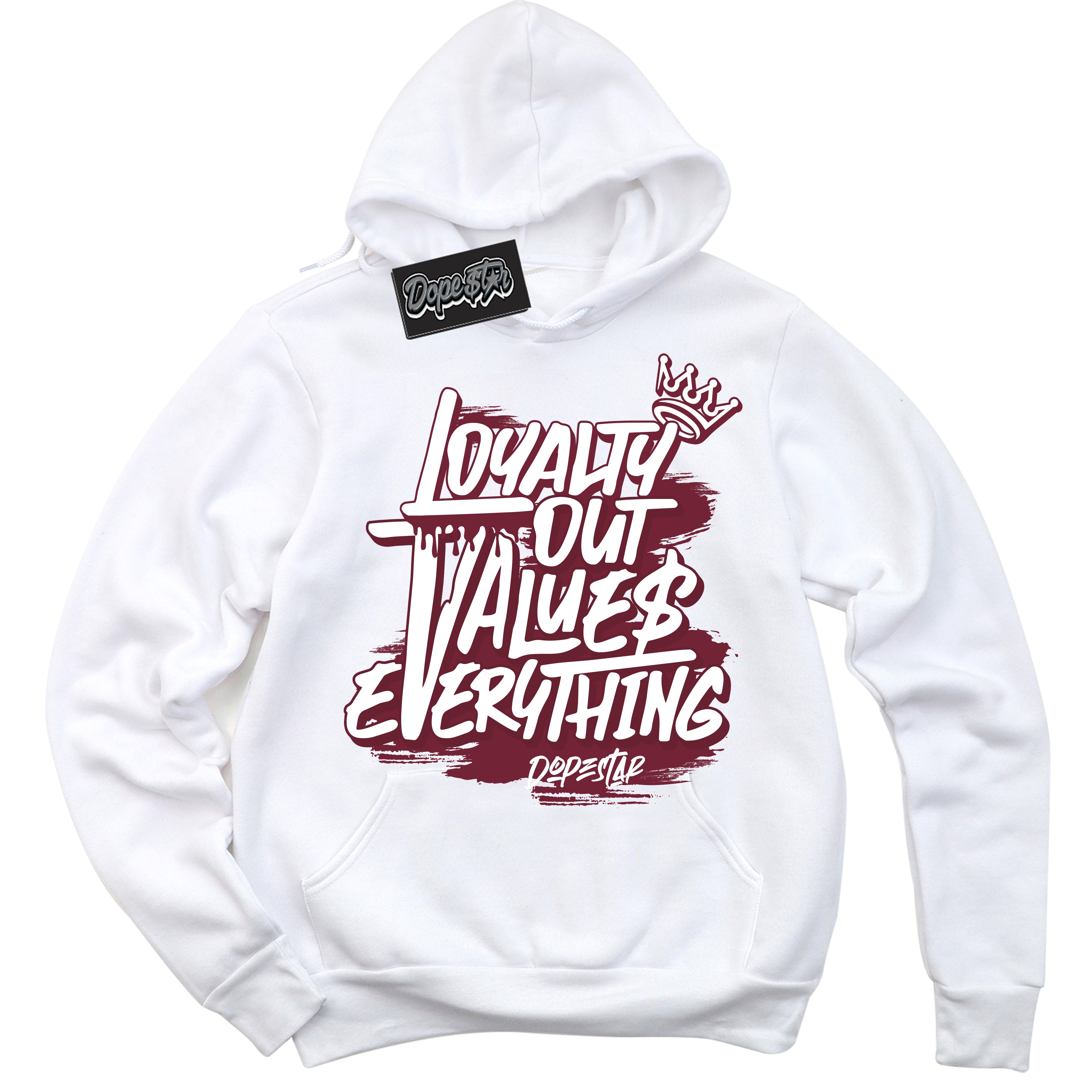 Cool White Hoodie with “ Loyalty Out Values Everything ”  design that Perfectly Matches Team Red 1s Sneakers.