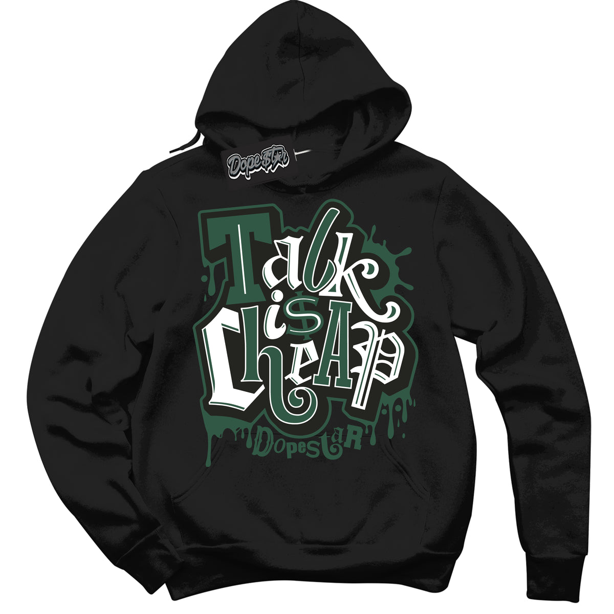 Cool Black Hoodie with “ Talk Is Cheap ”  design that Perfectly Matches Golf Noble Green 1s Sneakers.