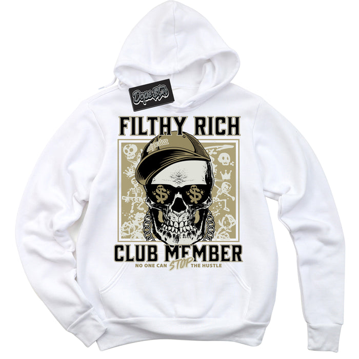 Cool White Hoodie with “ Filthy Rich ”  design that Perfectly Matches Golf Travis Scott Neutral Olive 1s Sneakers.