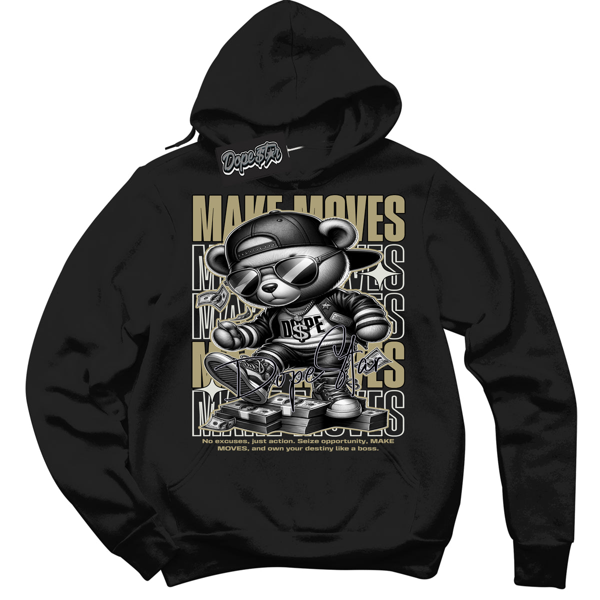 Cool Black Hoodie with “ Makin Moves ”  design that Perfectly Matches Golf Travis Scott Neutral Olive 1s Sneakers.