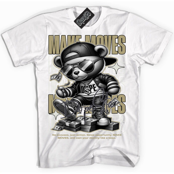 Cool White Shirt with “ Makin Moves” design that perfectly matches Golf Travis Scott Neutral Olive 1s Sneakers.
