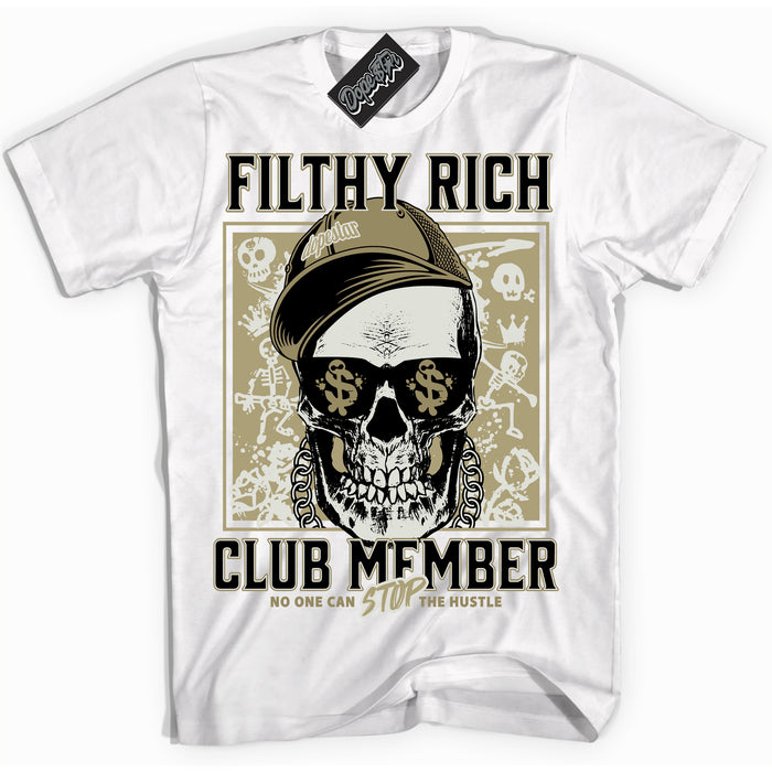 Cool White Shirt with “ Filthy Rich” design that perfectly matches Golf Travis Scott Neutral Olive 1s Sneakers.
