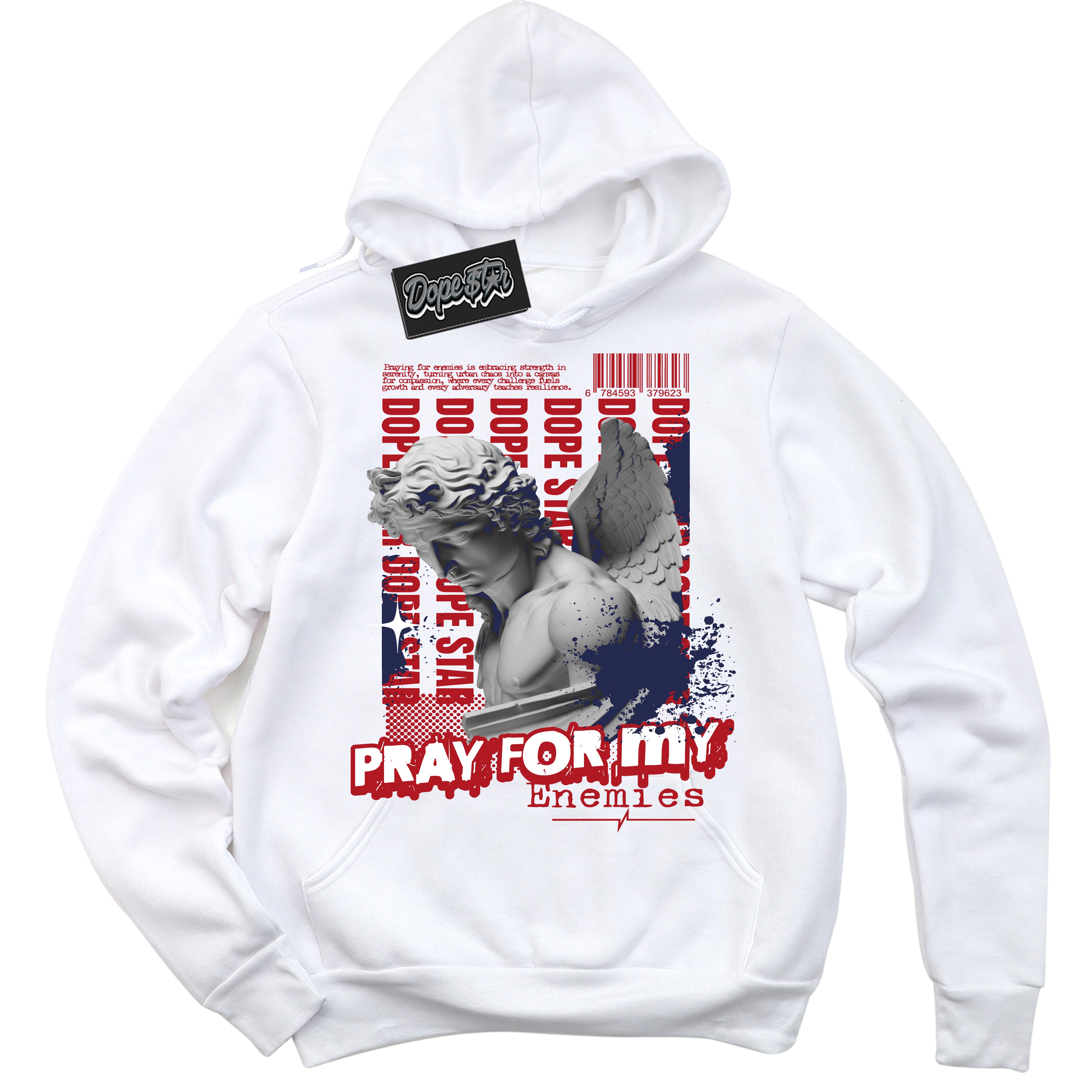 Cool White Hoodie with “ Pray Enemies ”  design that Perfectly Matches Golf USA 1s Sneakers.