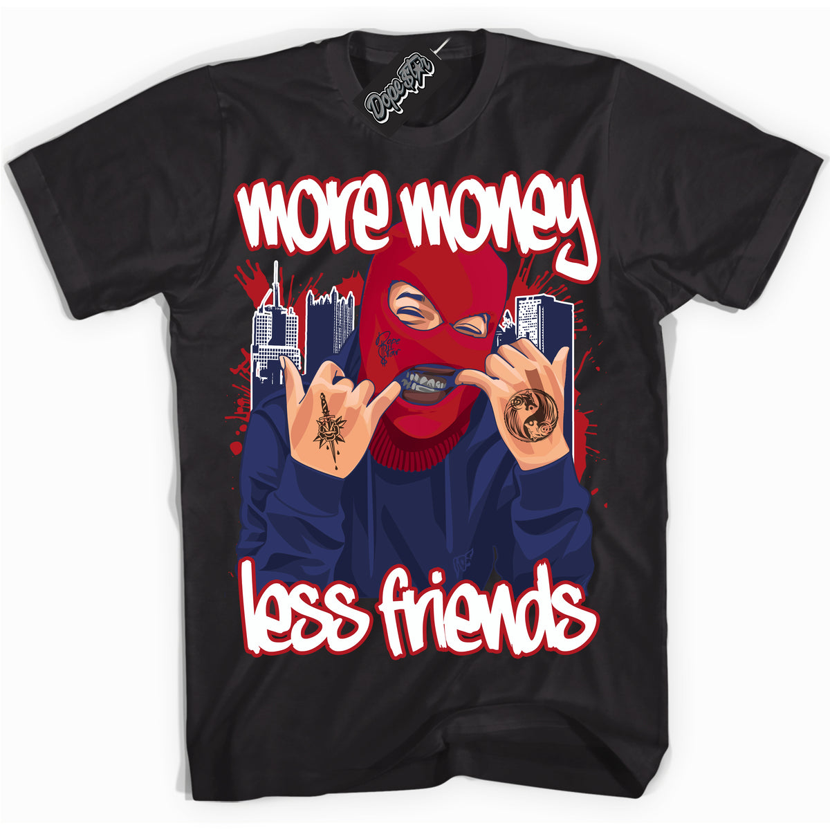 Cool Black Shirt with “More Money Less Friends” design that perfectly matches the Howard University 1s Jordans.