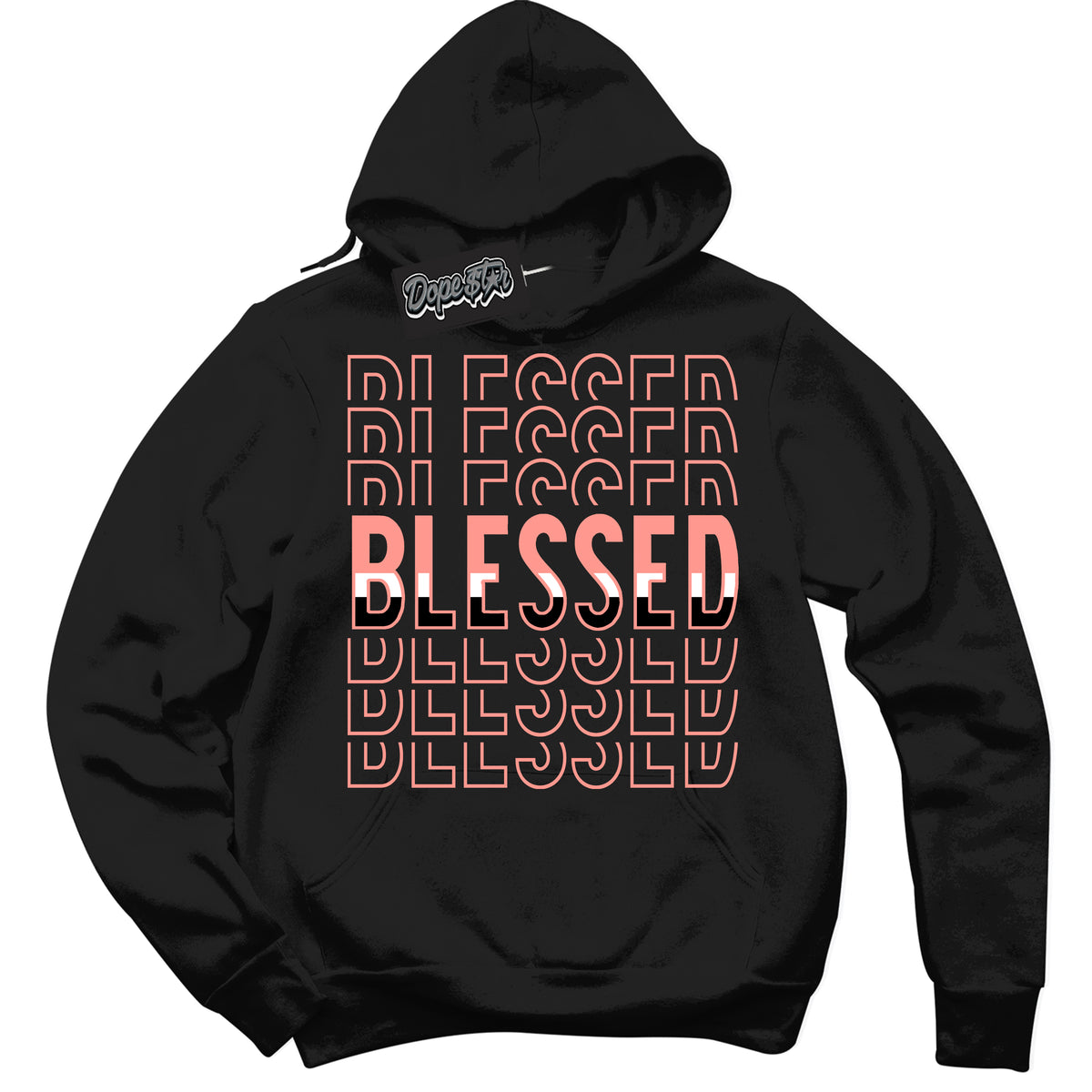 Cool Black Hoodie with “Blessed Stacked” design that Perfectly Matches Paris Saint-Germain 1s Jordans.