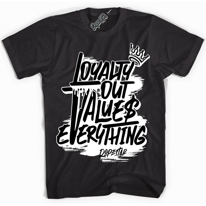 Cool Black Shirt with “ Loyalty Out Values Everything” design that perfectly matches SP Travis Scott Black Phantom 1s Sneakers.