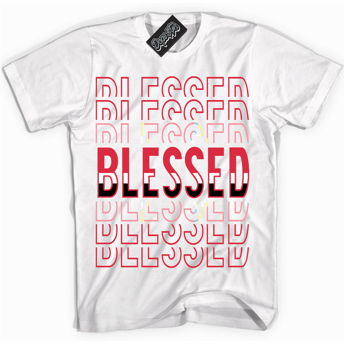Cool White graphic tee with “ Blessed Stacked ” design, that perfectly matches Spider-Verse 1s sneakers 