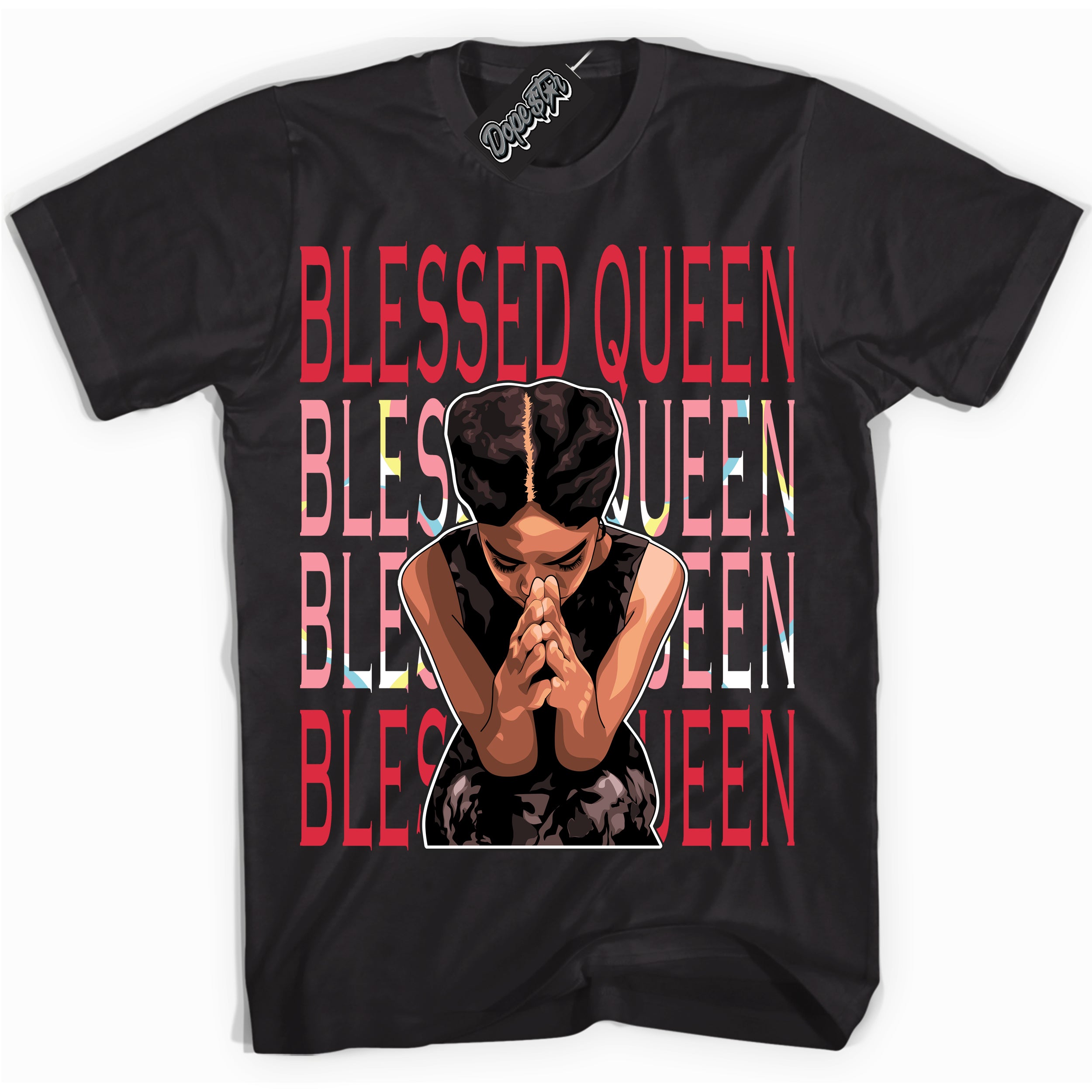 Cool Black graphic tee with “ Blessed Queen ” design, that perfectly matches Spider-Verse 1s sneakers 