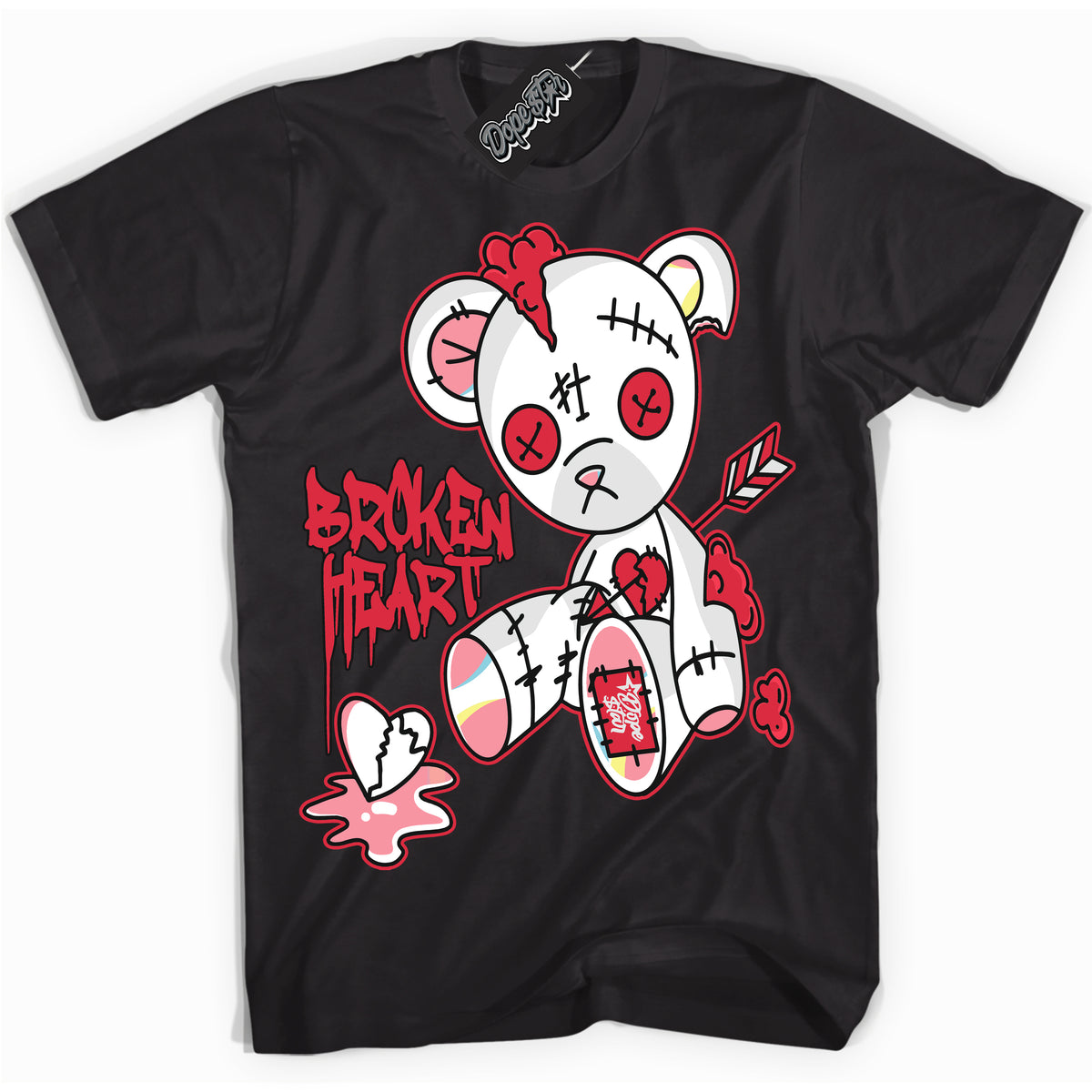 Cool Black graphic tee with “ Broken Heart Bear ” design, that perfectly matches Spider-Verse 1s sneakers 