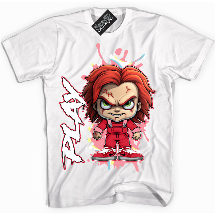 Cool White graphic tee with “ Chucky Play ” design, that perfectly matches Spider-Verse 1s sneakers 
