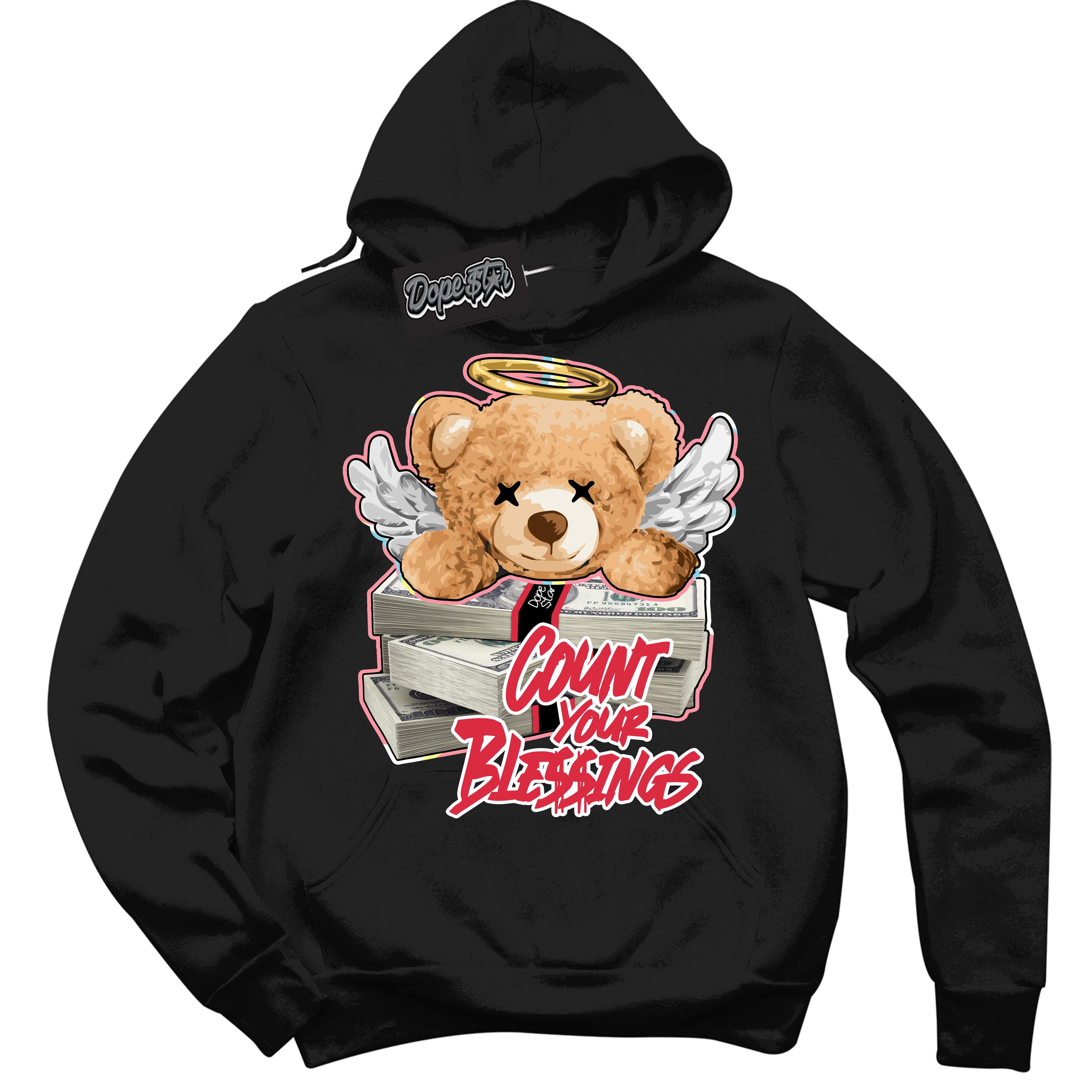 Cool Black Graphic DopeStar Hoodie with “ Count Your Blessings “ print, that perfectly matches Spider-Verse 1s sneakers