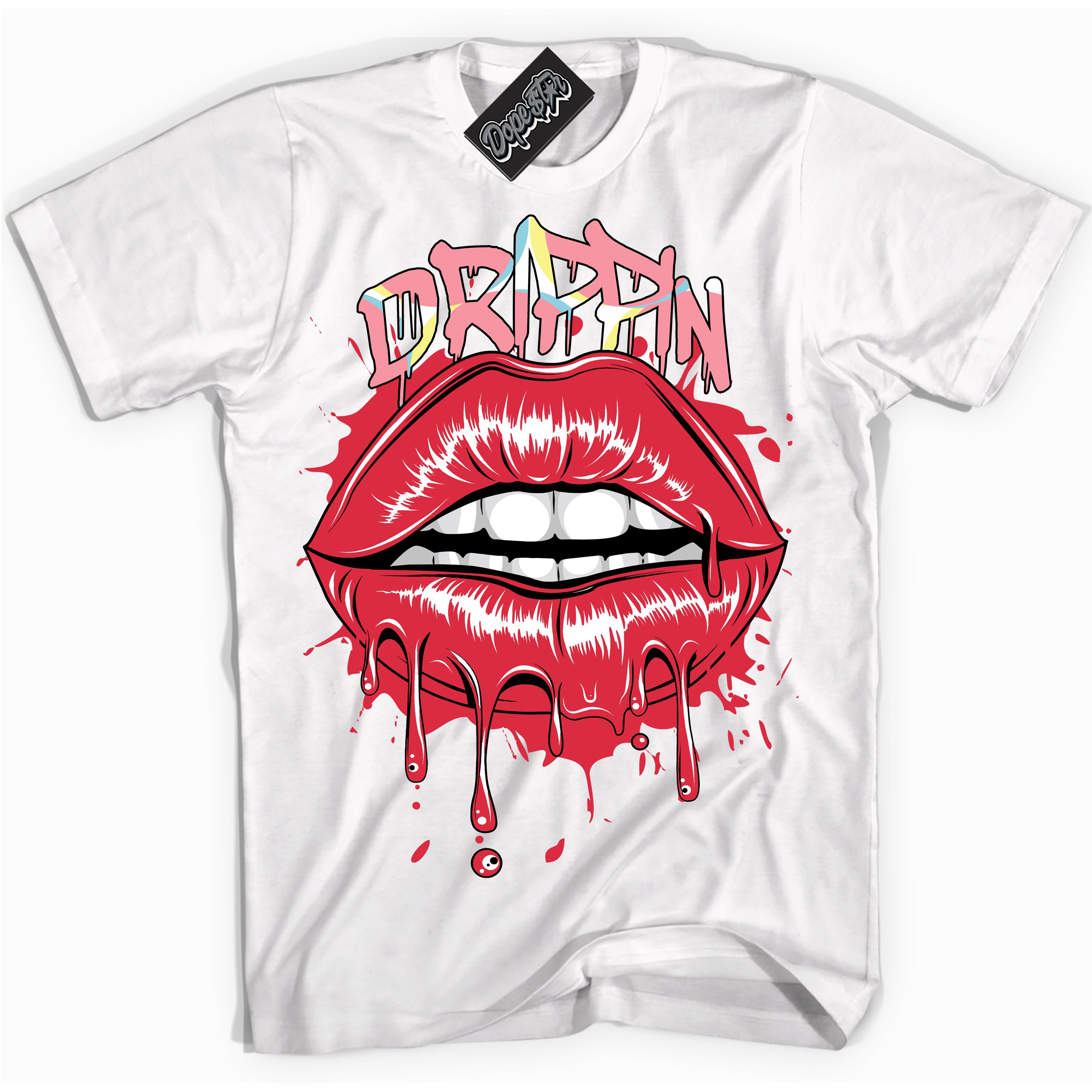 Cool White graphic tee with “ Drippin ” design, that perfectly matches Spider-Verse 1s sneakers 