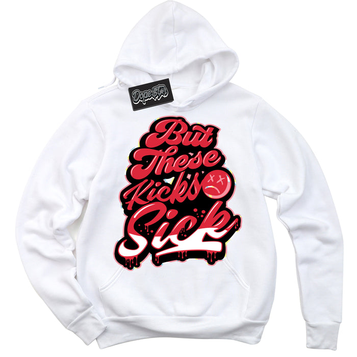Cool White Graphic DopeStar Hoodie with “ Kick Sick “ print, that perfectly matches Spider-Verse 1s sneakers