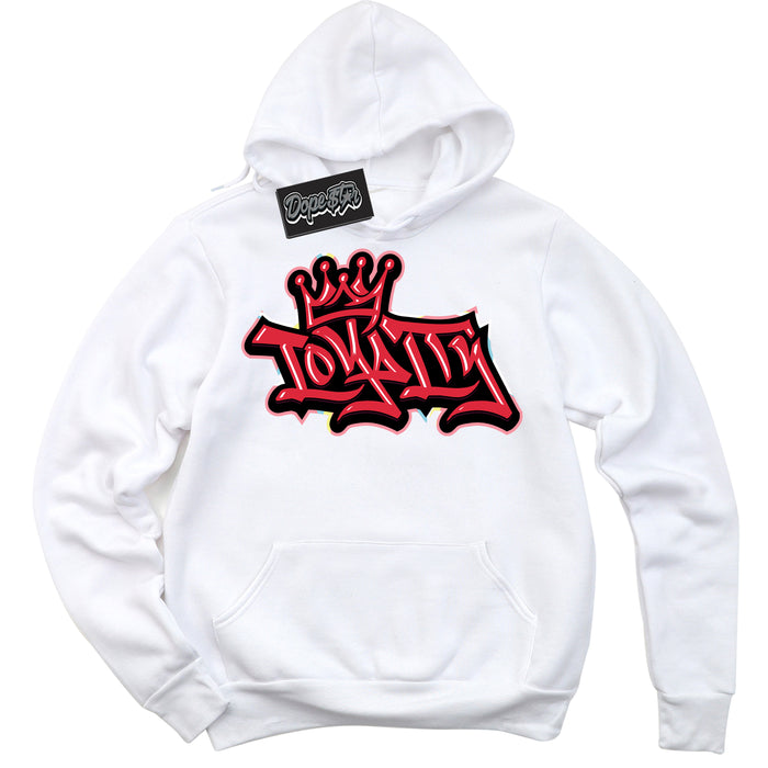 Cool White Graphic DopeStar Hoodie with “ Loyalty Crown “ print, that perfectly matches Spider-Verse 1s sneakers