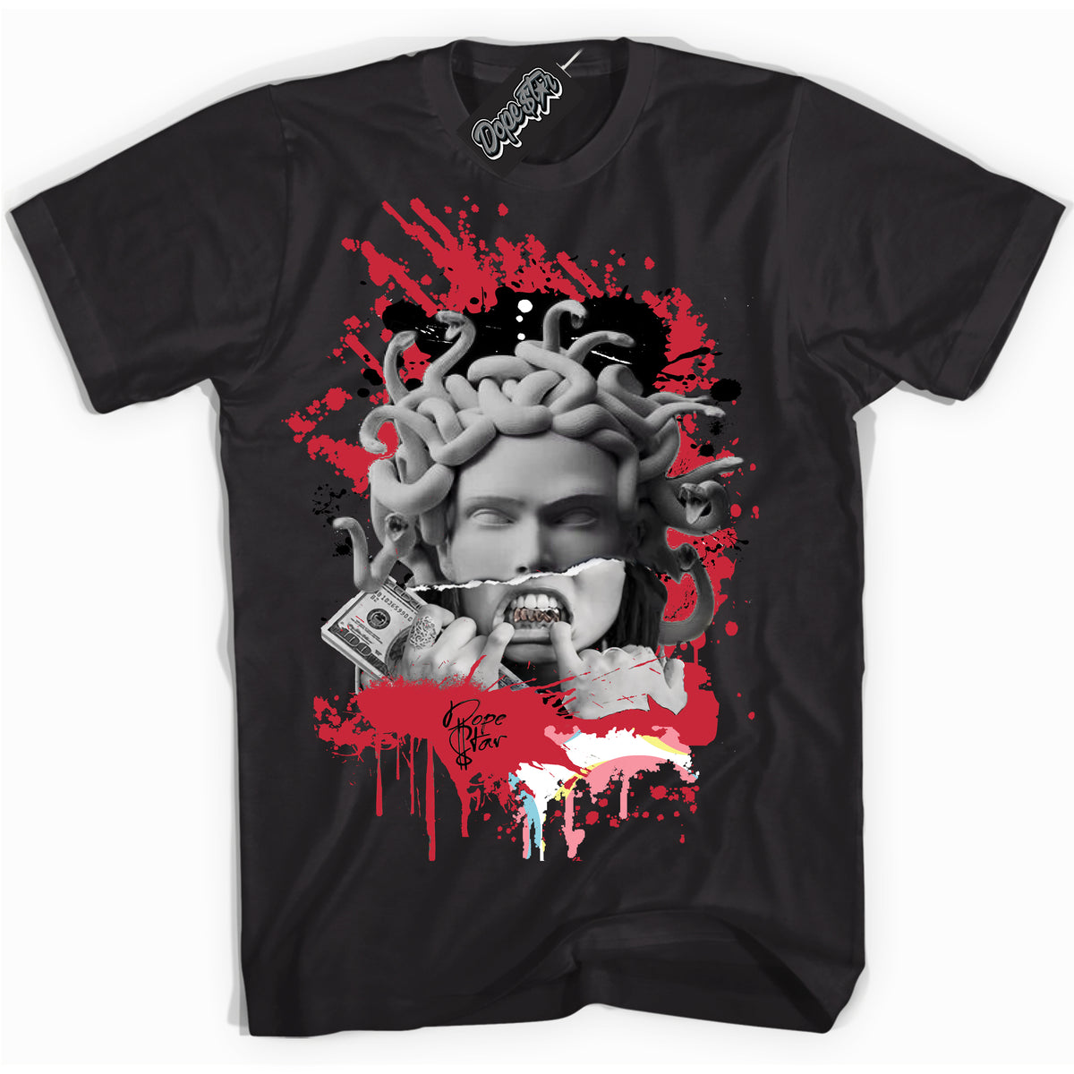 Cool Black graphic tee with “ Medusa ” design, that perfectly matches Spider-Verse 1s sneakers 