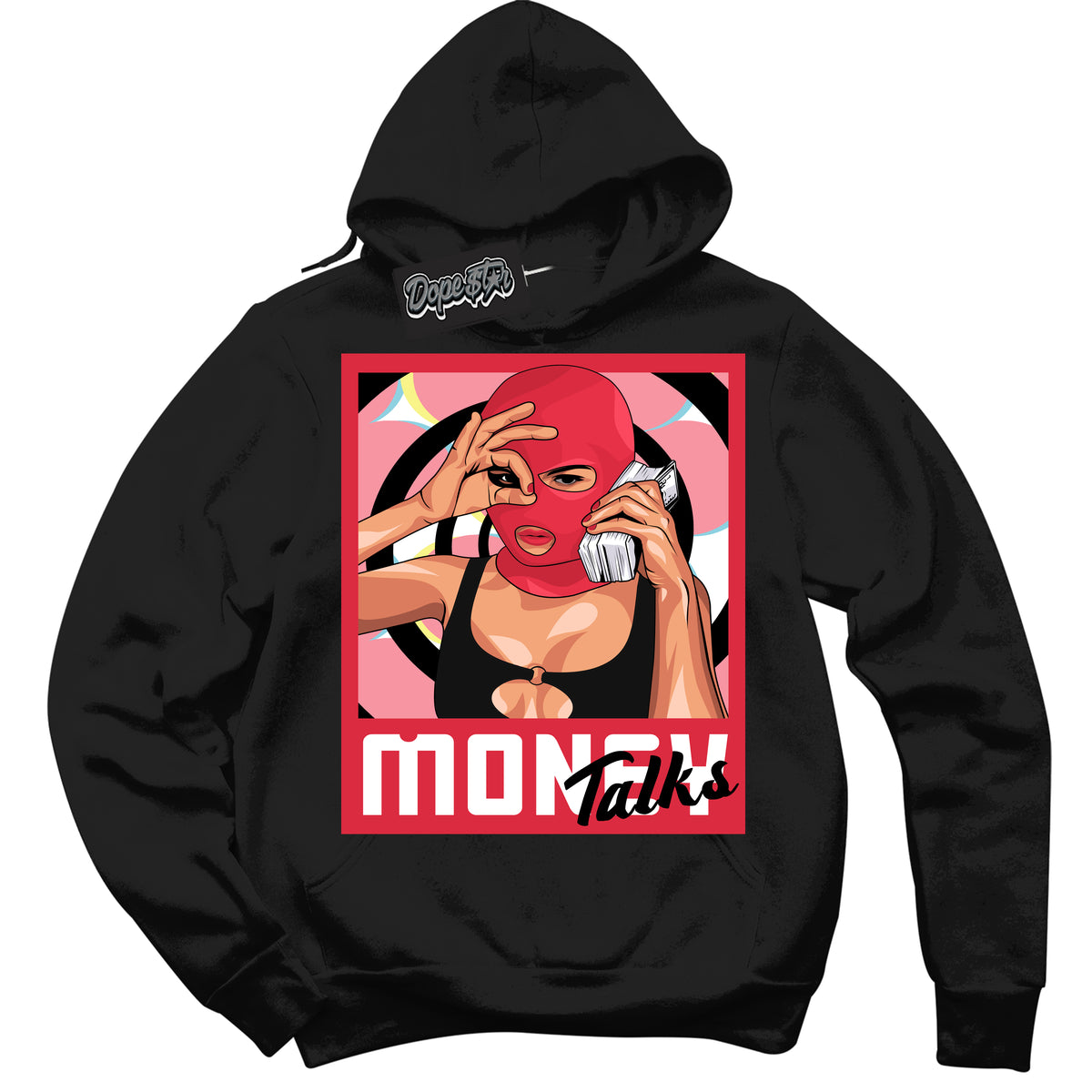 Cool Black Graphic DopeStar Hoodie with “ Money Talks “ print, that perfectly matches Spider-Verse 1s sneakers