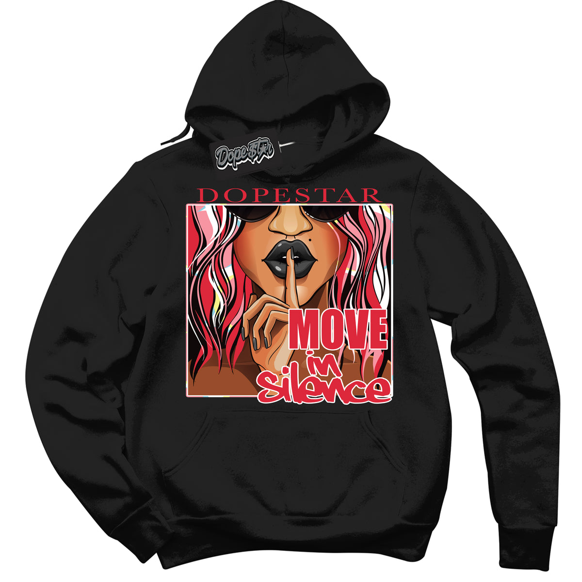 Cool Black Graphic DopeStar Hoodie with “ Move In Silence “ print, that perfectly matches Spider-Verse 1s sneakers