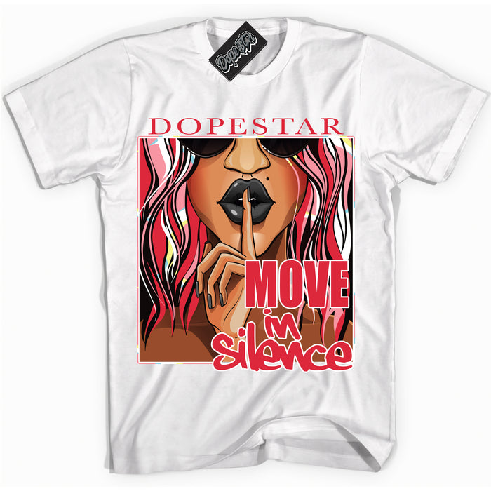 Cool White graphic tee with “ Move In Silence ” design, that perfectly matches Spider-Verse 1s sneakers 