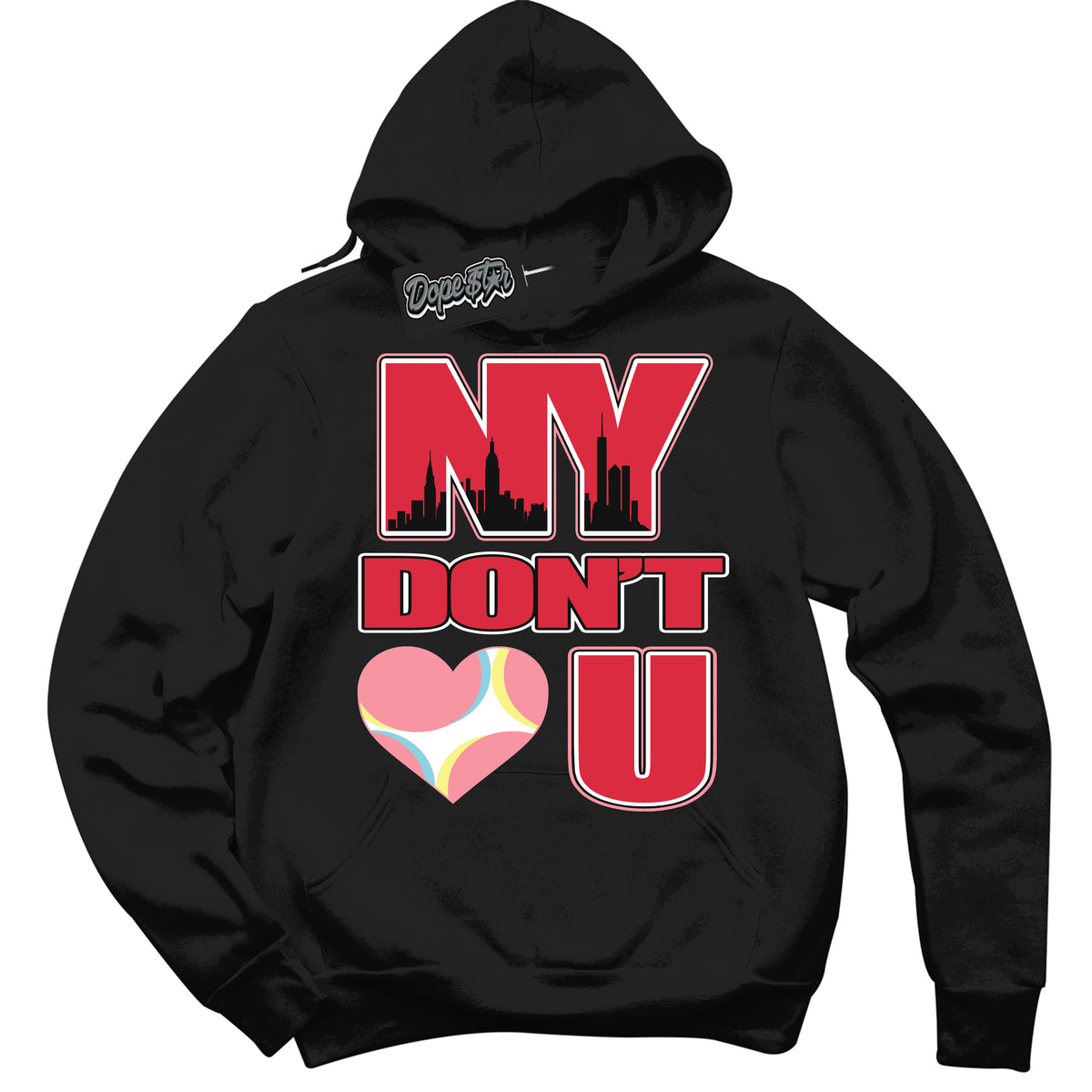 Cool Black Graphic DopeStar Hoodie with “ NY Don't Love You “ print, that perfectly matches Spider-Verse 1s sneakers