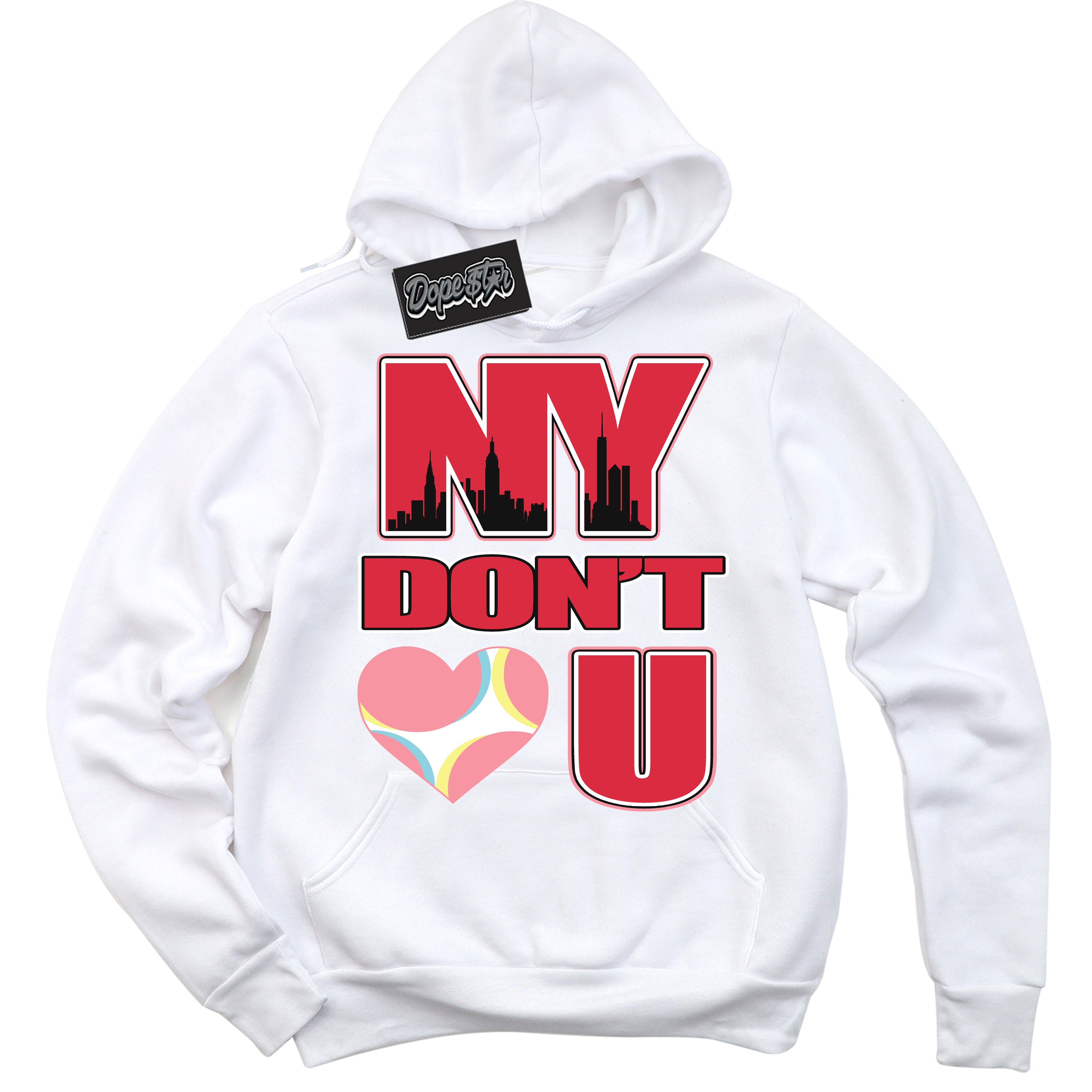 Cool White Graphic DopeStar Hoodie with “ NY Don't Love You “ print, that perfectly matches Spider-Verse 1s sneakers