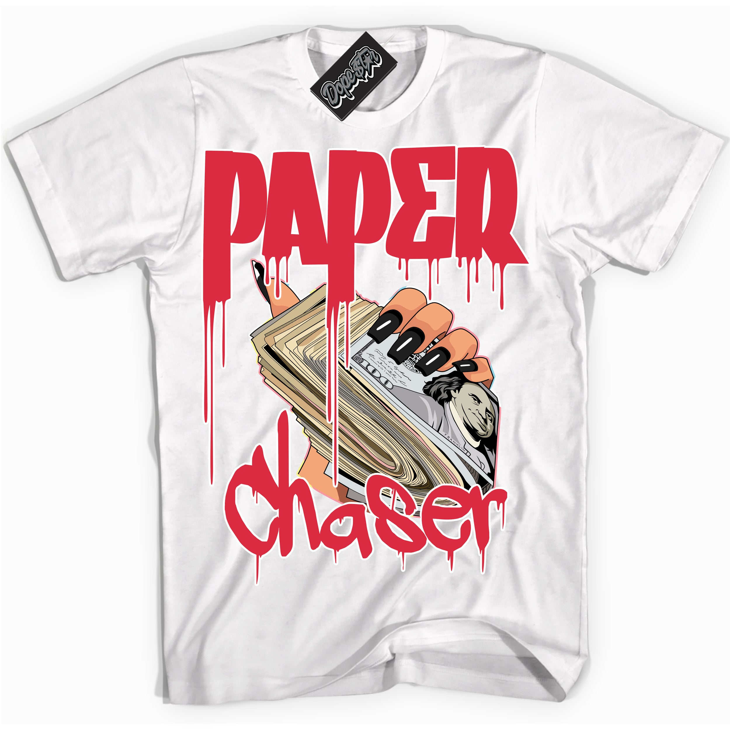Cool White graphic tee with “ Paper Chaser ” design, that perfectly matches Spider-Verse 1s sneakers 