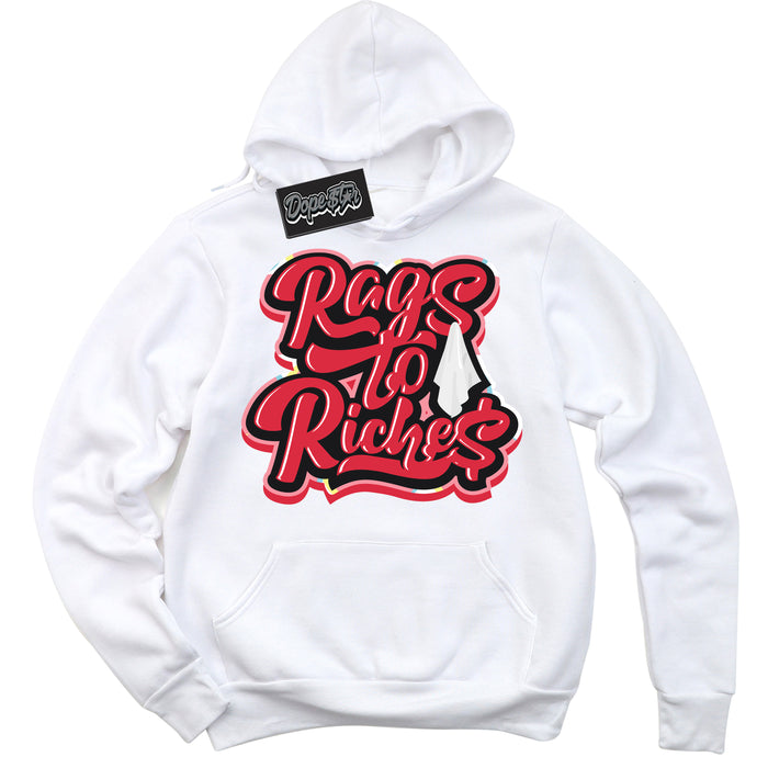 Cool White Graphic DopeStar Hoodie with “ Rags To Riches “ print, that perfectly matches Spider-Verse 1s sneakers