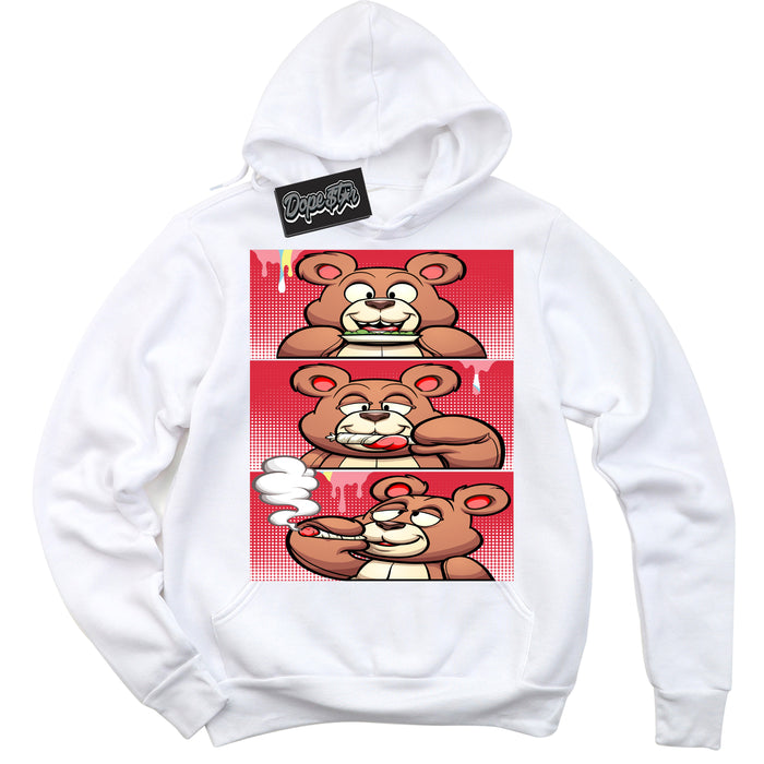 Cool White Graphic DopeStar Hoodie with “ Roll It Lick It Smoke It Bear “ print, that perfectly matches Spider-Verse 1s sneakers