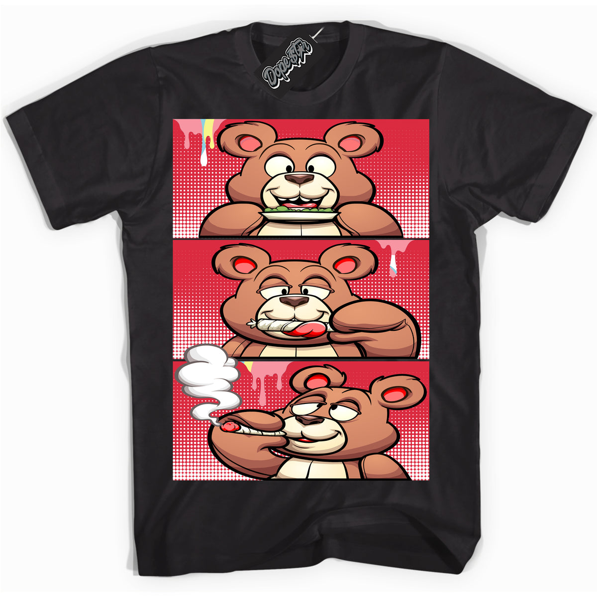 Cool Black graphic tee with “ Roll It Lick It Smoke It Bear ” design, that perfectly matches Spider-Verse 1s sneakers 
