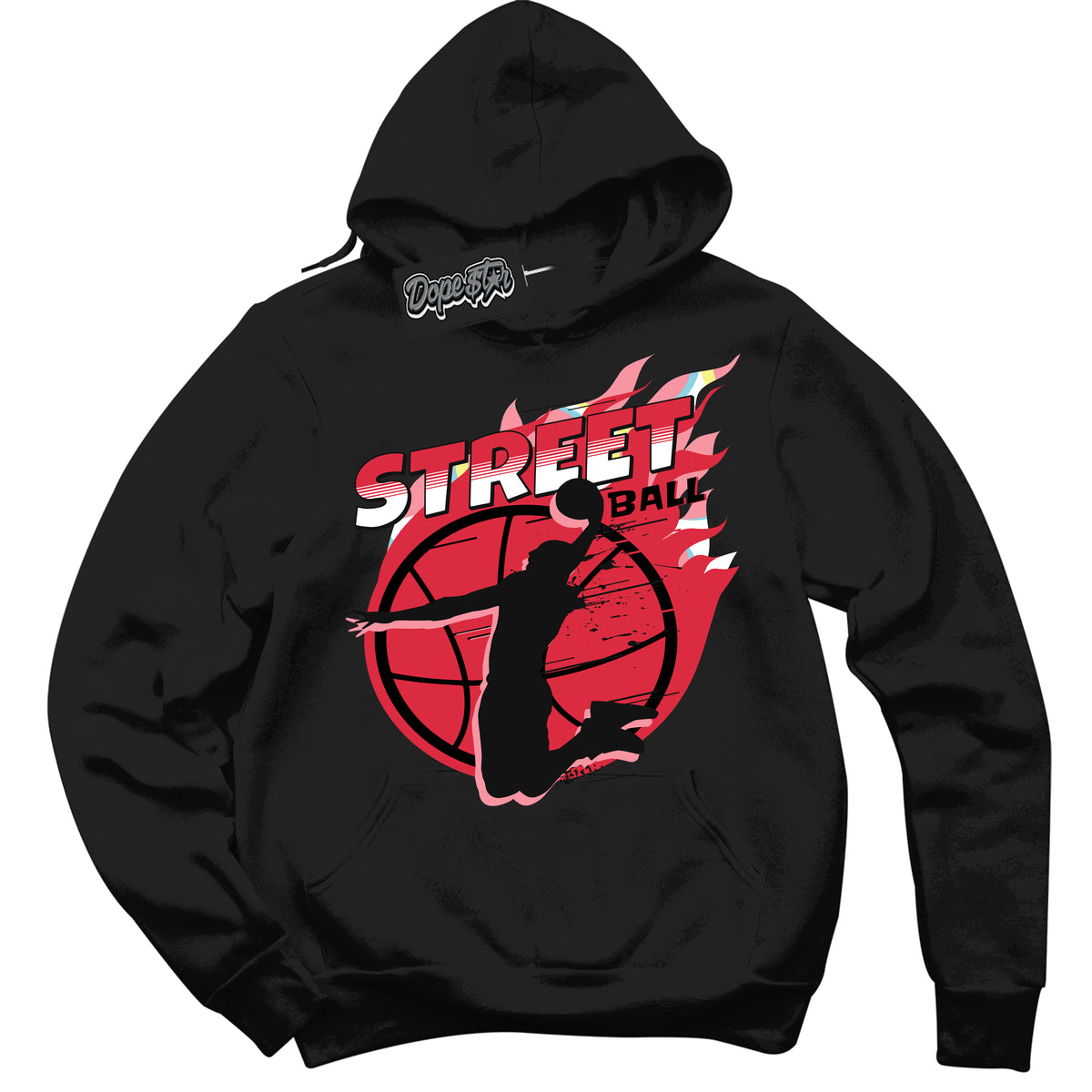 Cool Black Graphic DopeStar Hoodie with “ Street Ball “ print, that perfectly matches Spider-Verse 1s sneakers