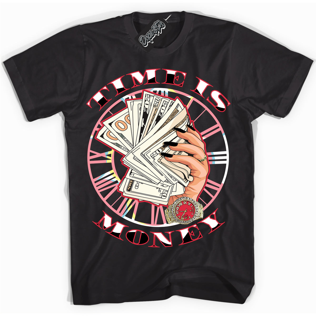 Cool Black graphic tee with “ Time Is Money ” design, that perfectly matches Spider-Verse 1s sneakers 