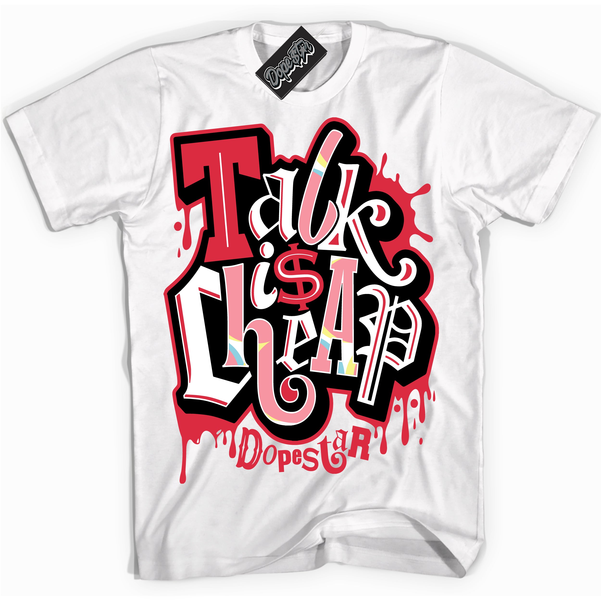 Cool White graphic tee with “ Talk Is Cheap ” design, that perfectly matches Spider-Verse 1s sneakers 