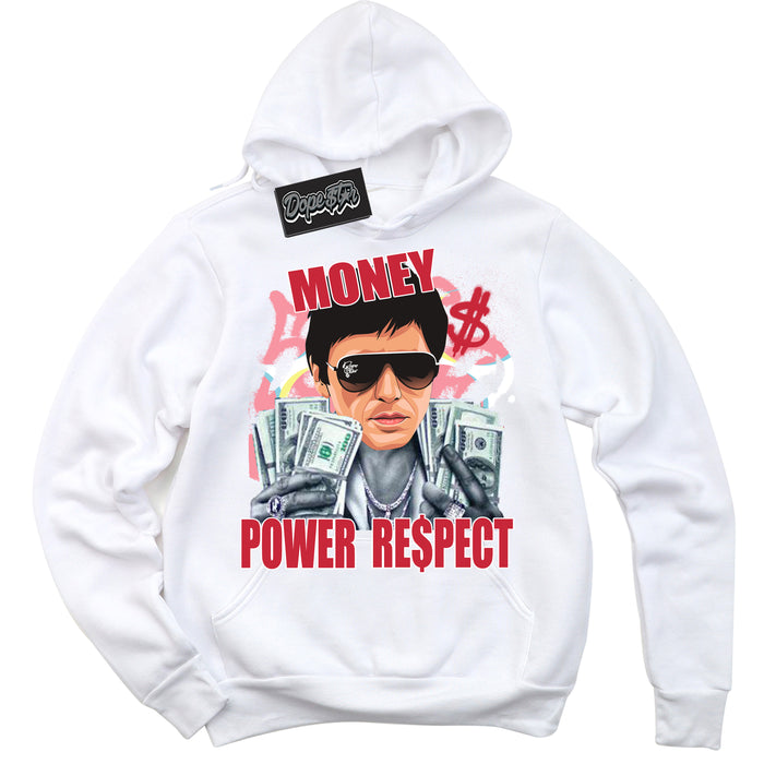Cool White Graphic DopeStar Hoodie with “ Tony Montana “ print, that perfectly matches Spider-Verse 1s sneakers