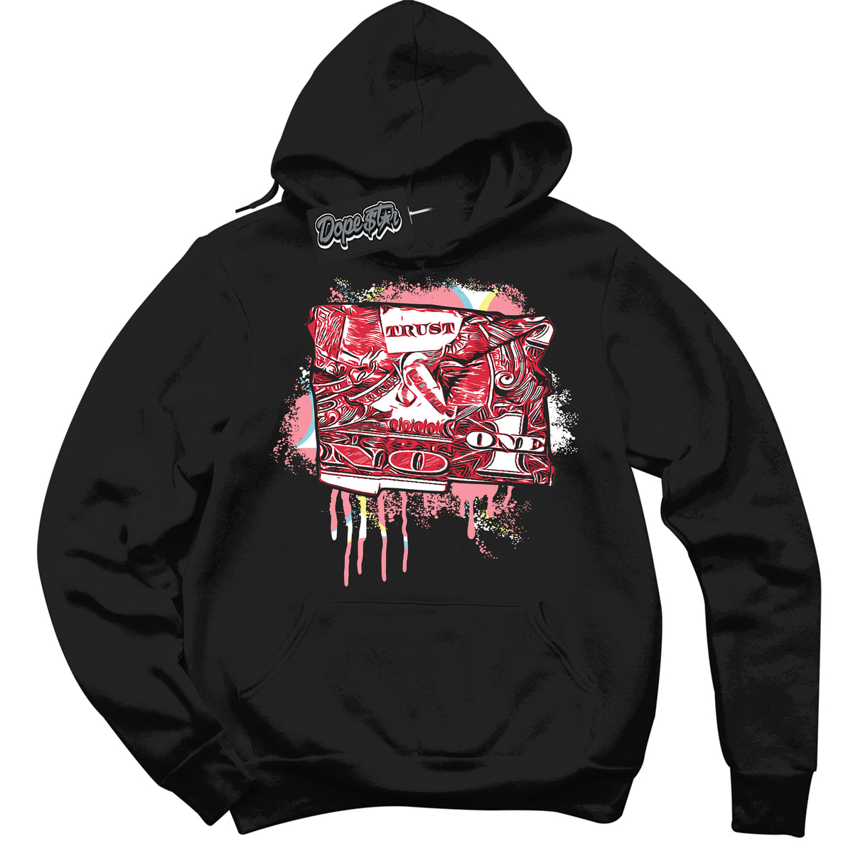 Cool Black Graphic DopeStar Hoodie with “ Trust No One Dollar “ print, that perfectly matches Spider-Verse 1s sneakers