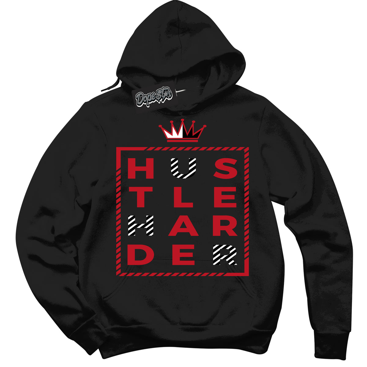 Cool Black Hoodie with “ Hustle Harder ”  design that Perfectly Matches Trophy Room 1s Jordans.
